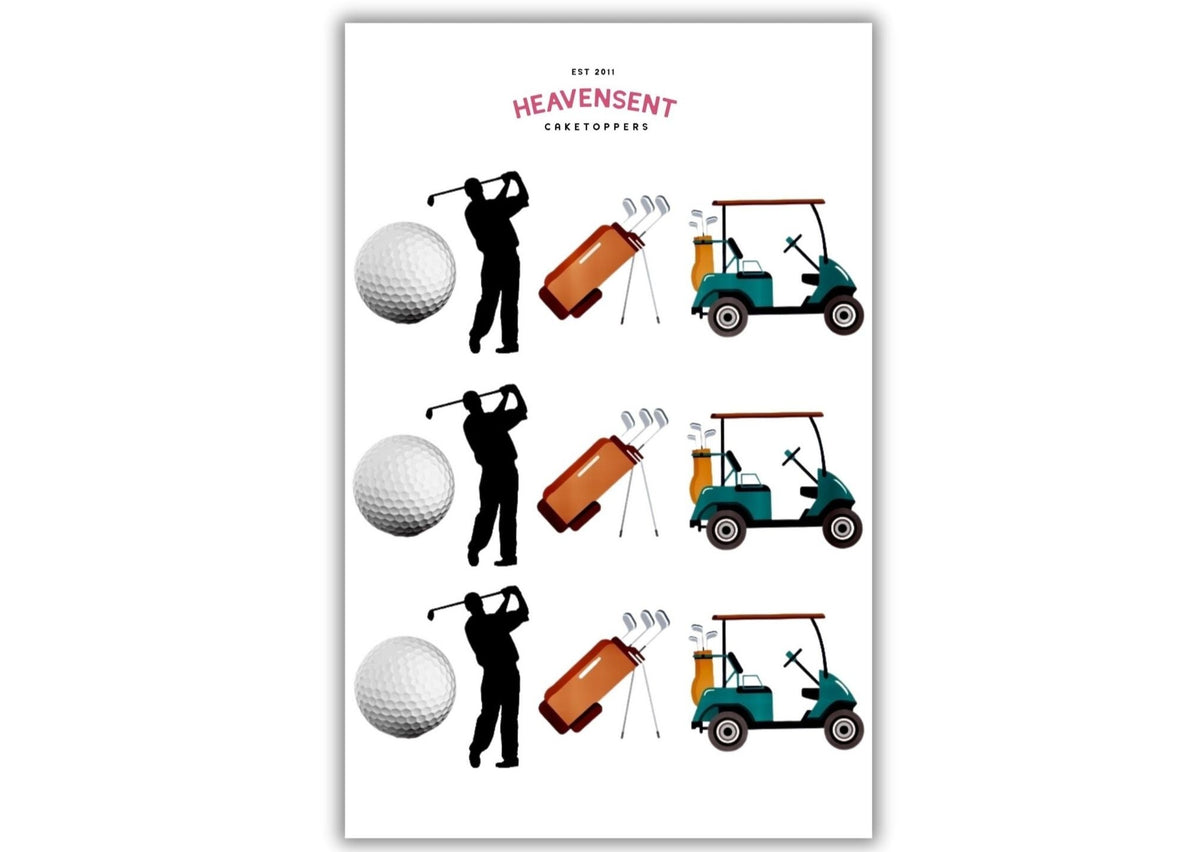 Golf themed cake topper with golfer, golf cart and golf ball