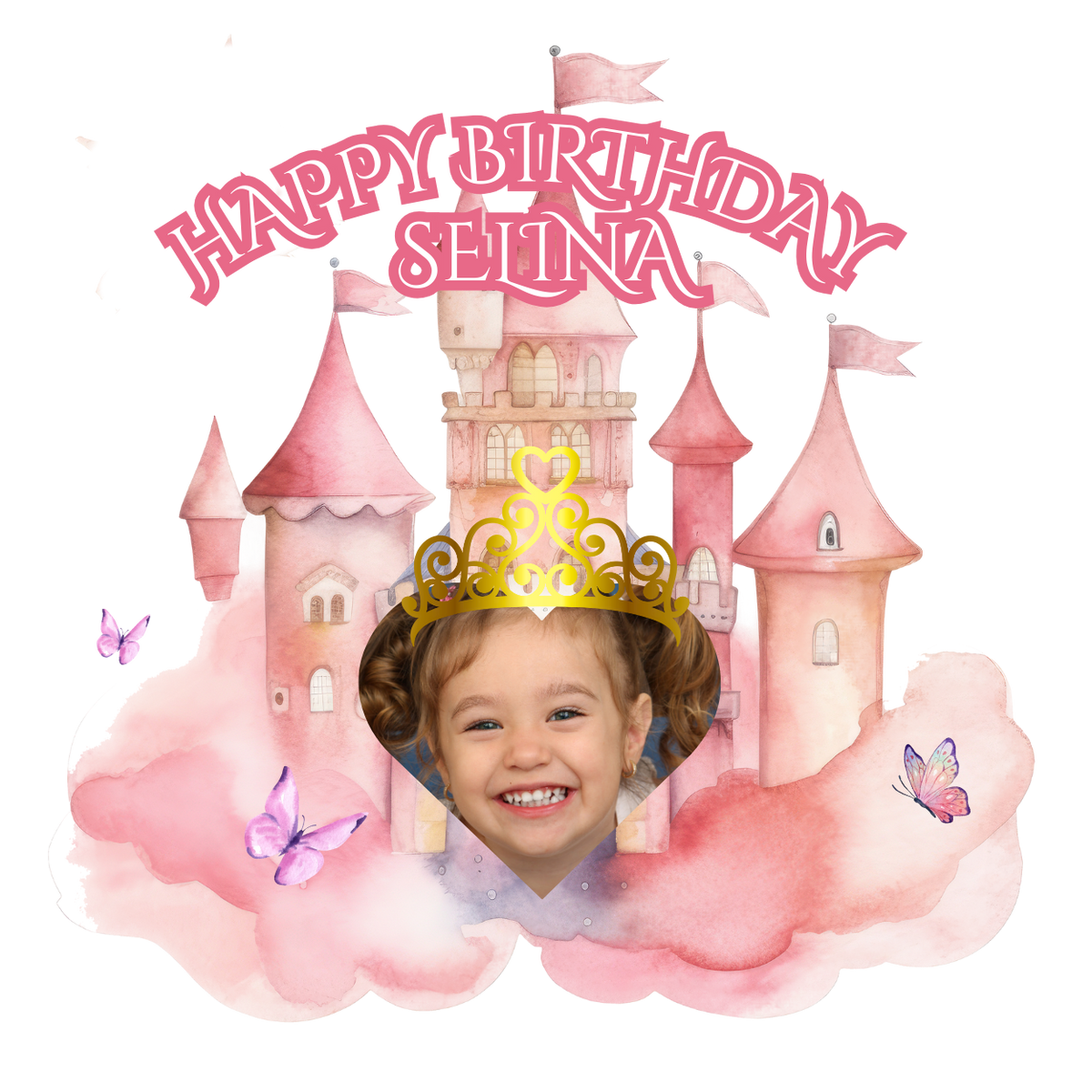 Personalised Cake Topper Edible Pre-cut Pink Butterfly Girls Castle Princess Topper Premium Icing Wafer or Birthday Poster