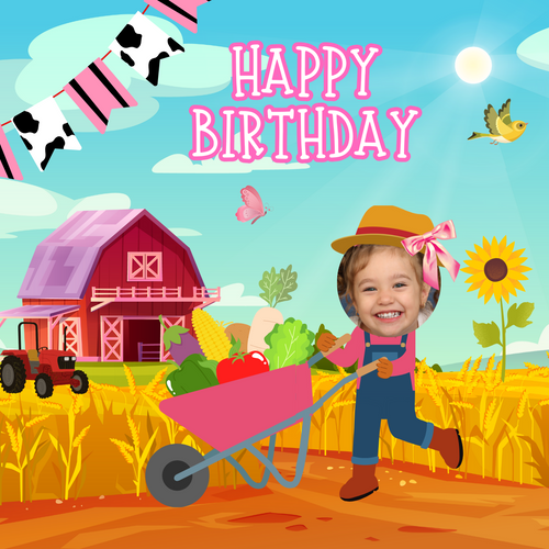 Personalised Photo Cake Topper Edible Pre-cut Pink Girl Country Farmer Tractor Cake Topper Premium Icing Wafer or Birthday Poster