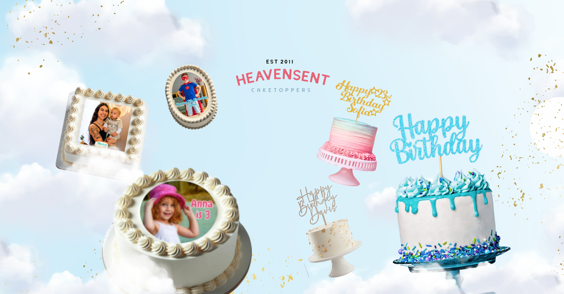 Personalised edible photo, glitter and birthday cake toppers by Heaven Sent Cake Toppers